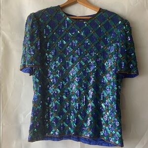 -Vintage-Jan Leslie Blue/Black Sequined Shoulder Padded Blouse